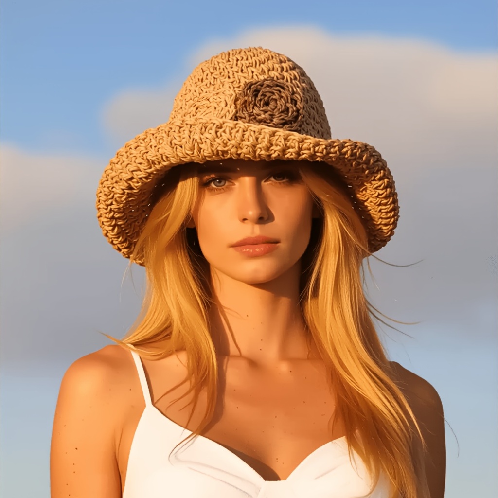 Bucket Hat Straw - Boheemse bloemenhoed voor dames, brede rand,